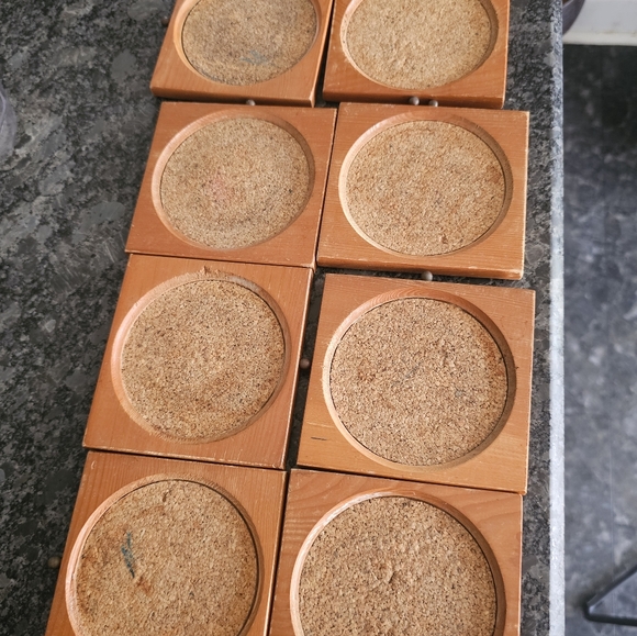 MCM Wood Brass 8 Piece Coaster Storage Box Drawer Style Cork Vintage Drinks Read - Picture 9 of 14